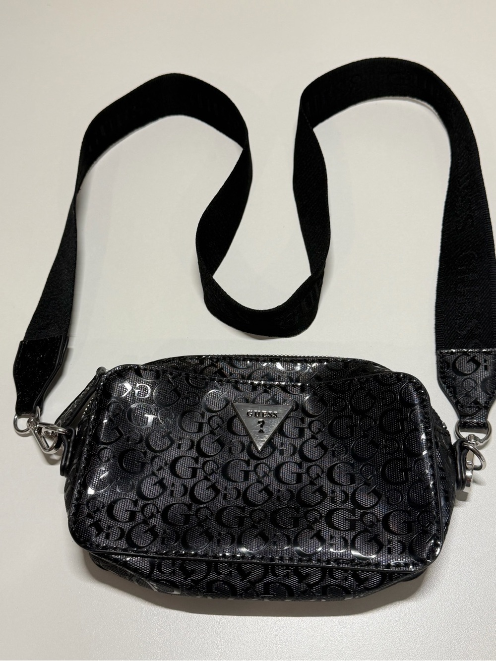 GUESS Black Monogram Crossbody Bag Logo Strap Silver Hardware